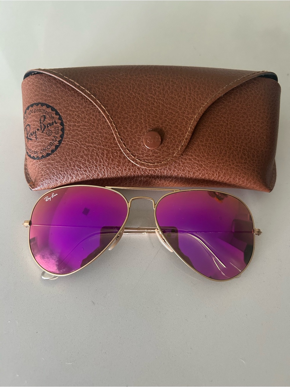 Ray-Ban Gold Aviator Sunglasses with Purple Mirror Lenses